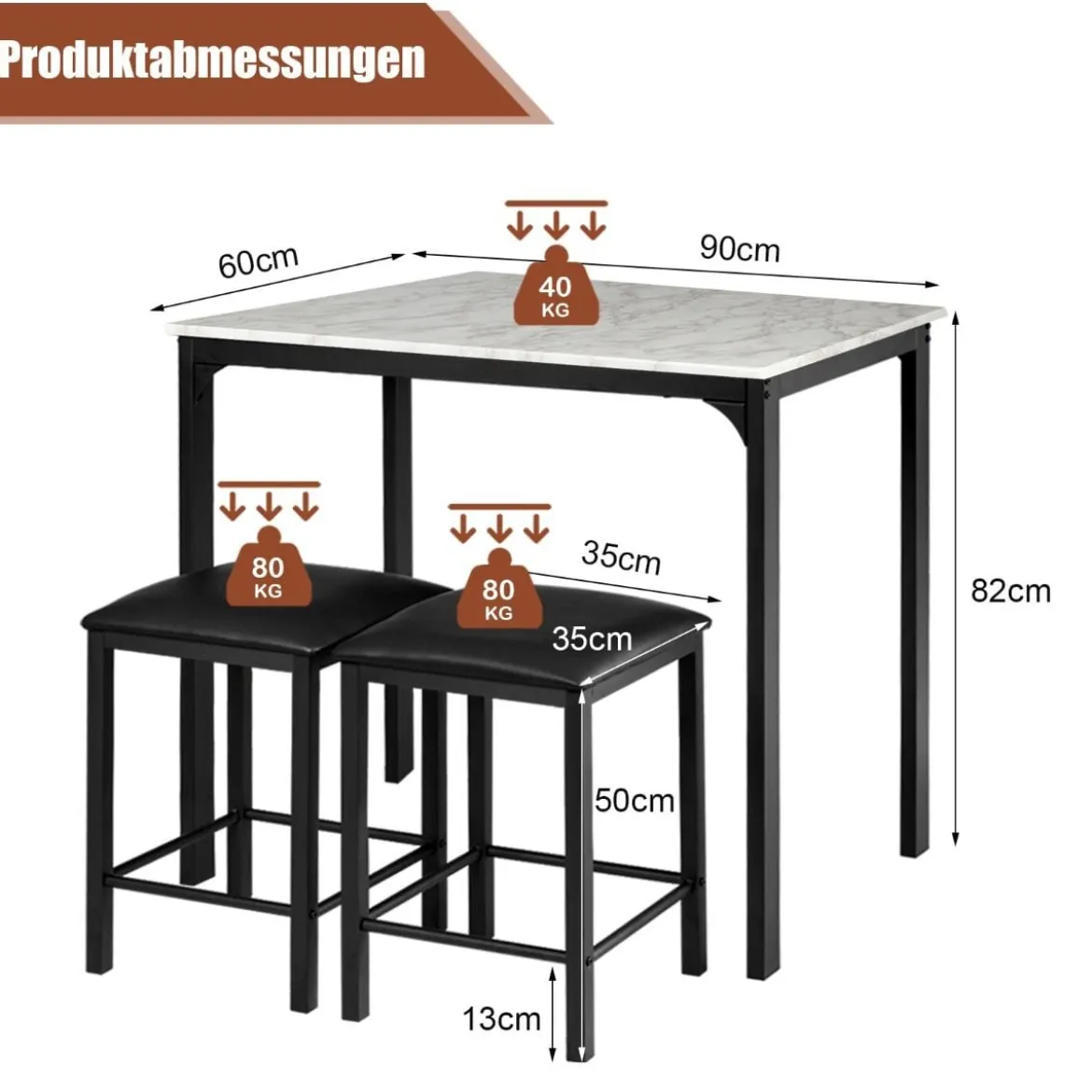 3 teiliges Esstisch Set Bartisch Set mit 2 Gepolsterten Barhockern Metallgestell Weiß