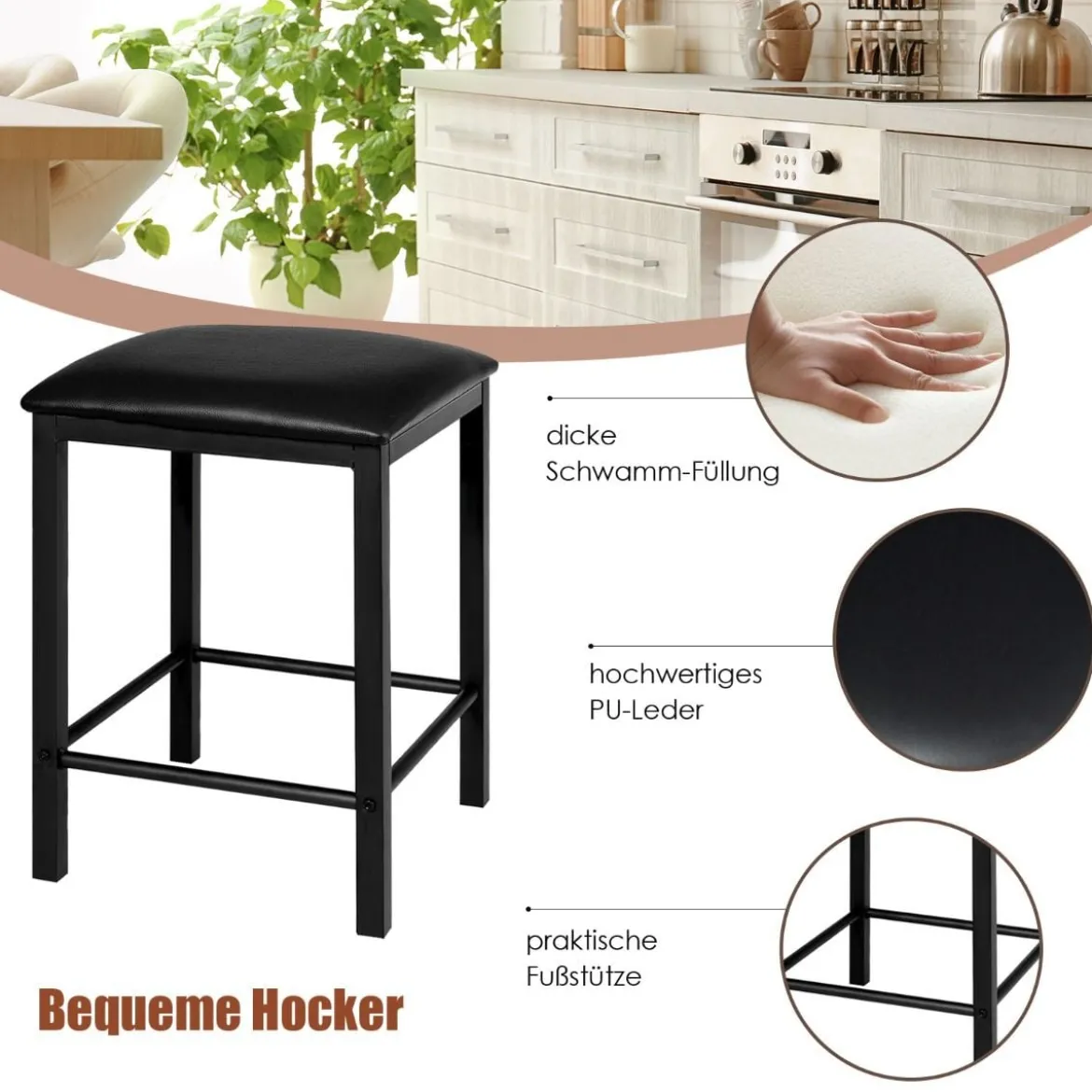 3 teiliges Esstisch Set Bartisch Set mit 2 Gepolsterten Barhockern Metallgestell Weiß