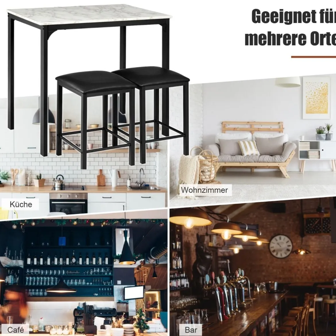 3 teiliges Esstisch Set Bartisch Set mit 2 Gepolsterten Barhockern Metallgestell Weiß