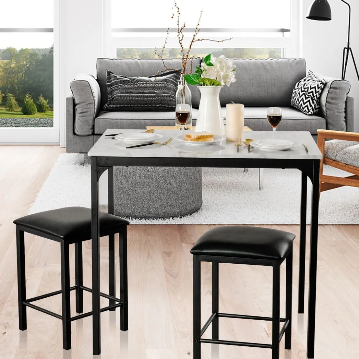 3 teiliges Esstisch Set Bartisch Set mit 2 Gepolsterten Barhockern Metallgestell Weiß