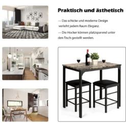 3 teiliges Esstisch Set Bartisch Set mit 2 Gepolsterten Barhockern Metallgestell Braun