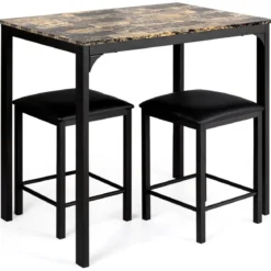 3 teiliges Esstisch Set Bartisch Set mit 2 Gepolsterten Barhockern Metallgestell Braun