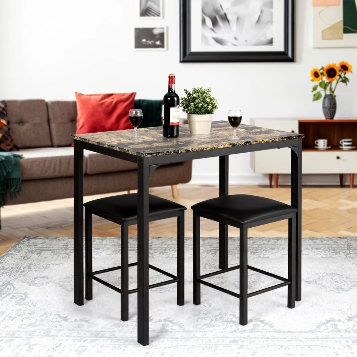 3 teiliges Esstisch Set Bartisch Set mit 2 Gepolsterten Barhockern Metallgestell Braun