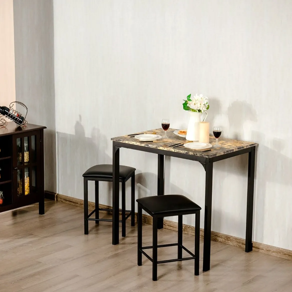 3 teiliges Esstisch Set Bartisch Set mit 2 Gepolsterten Barhockern Metallgestell Braun