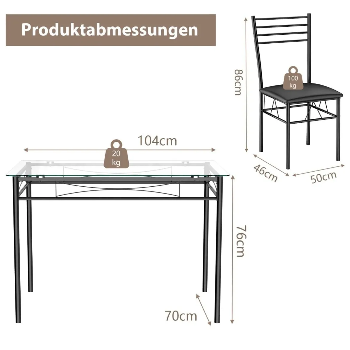 5-teiliges Esstisch-Set Esstisch mit Glasplatte Essgruppe mit Gepolstertem Stuhl Schwarz