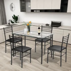 5-teiliges Esstisch-Set Esstisch mit Glasplatte Essgruppe mit Gepolstertem Stuhl Schwarz