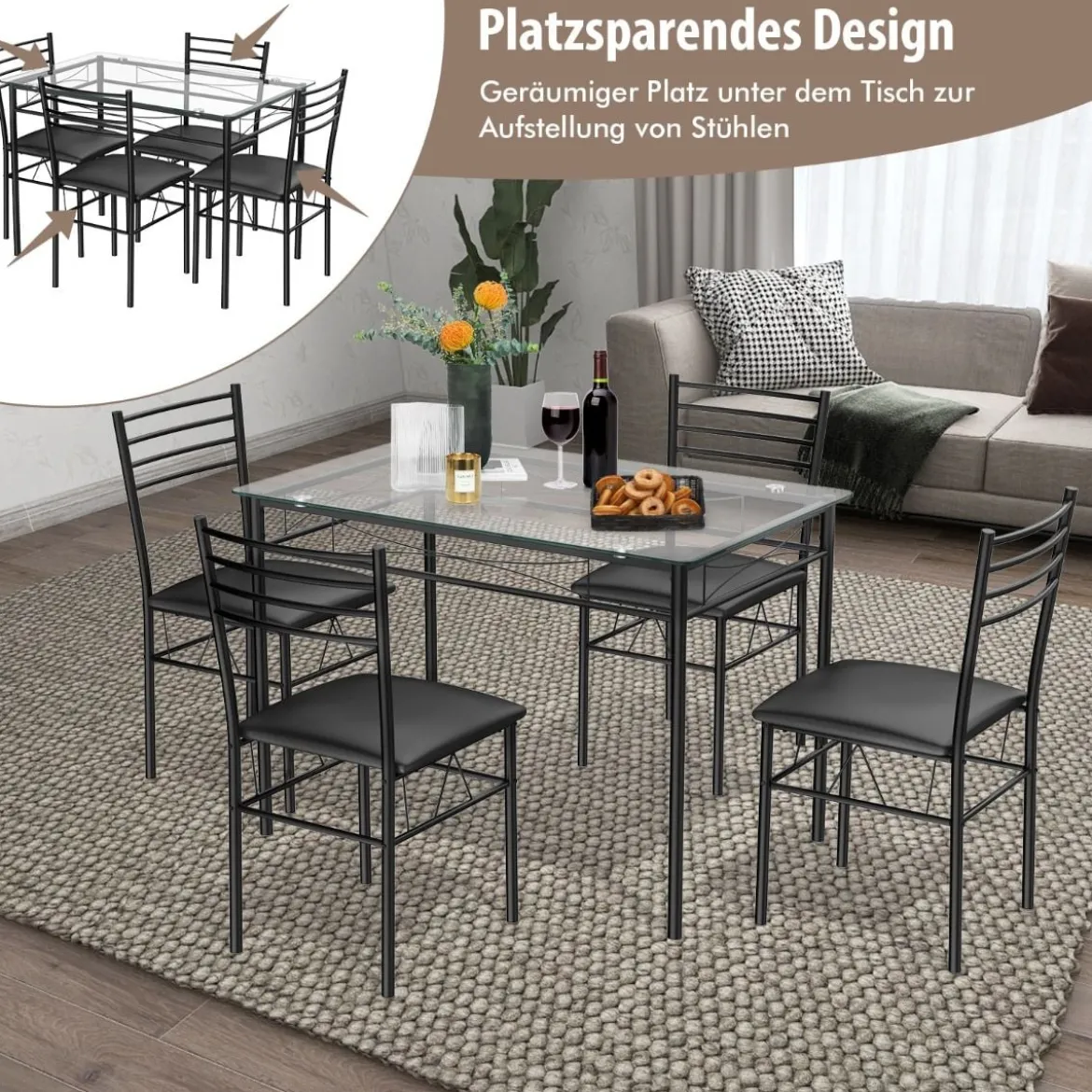 5-teiliges Esstisch-Set Esstisch mit Glasplatte Essgruppe mit Gepolstertem Stuhl Schwarz