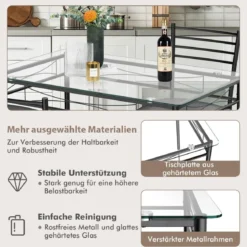 5-teiliges Esstisch-Set Esstisch mit Glasplatte Essgruppe mit Gepolstertem Stuhl Schwarz