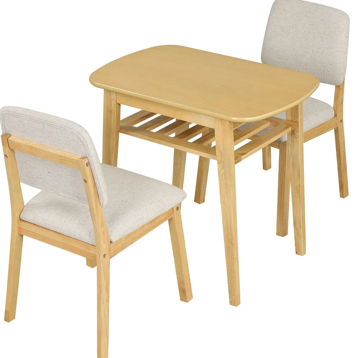 3-teiliges Esstisch Set für 2 Personen Essgruppe aus Holz mit Rutschfesten Fußpolstern Beige+Natur