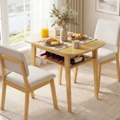 3-teiliges Esstisch Set für 2 Personen Essgruppe aus Holz mit Rutschfesten Fußpolstern Beige+Natur