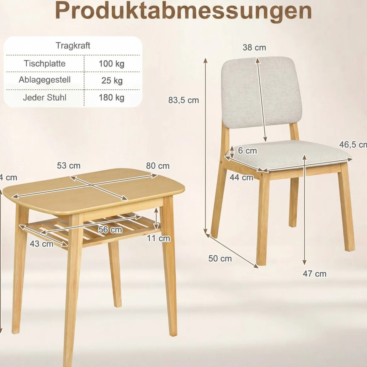 3-teiliges Esstisch Set für 2 Personen Essgruppe aus Holz mit Rutschfesten Fußpolstern Beige+Natur