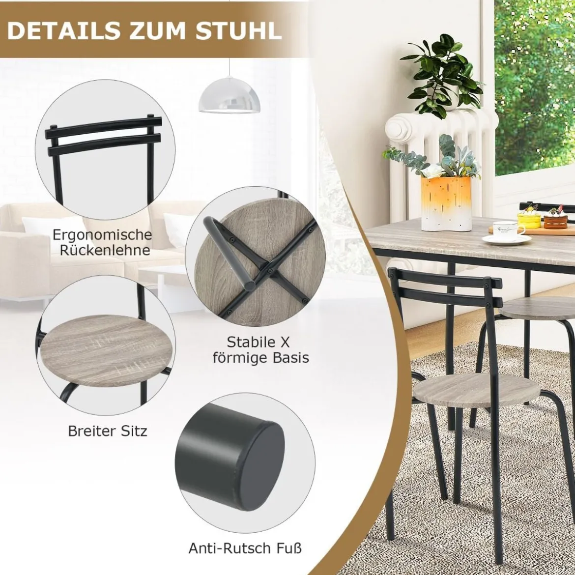 5 teiliges Esstisch-Set für 4 Personen rechteckiger Esszimmertisch und 4 Stühle Metallgestell Sitzgruppe platzsparend