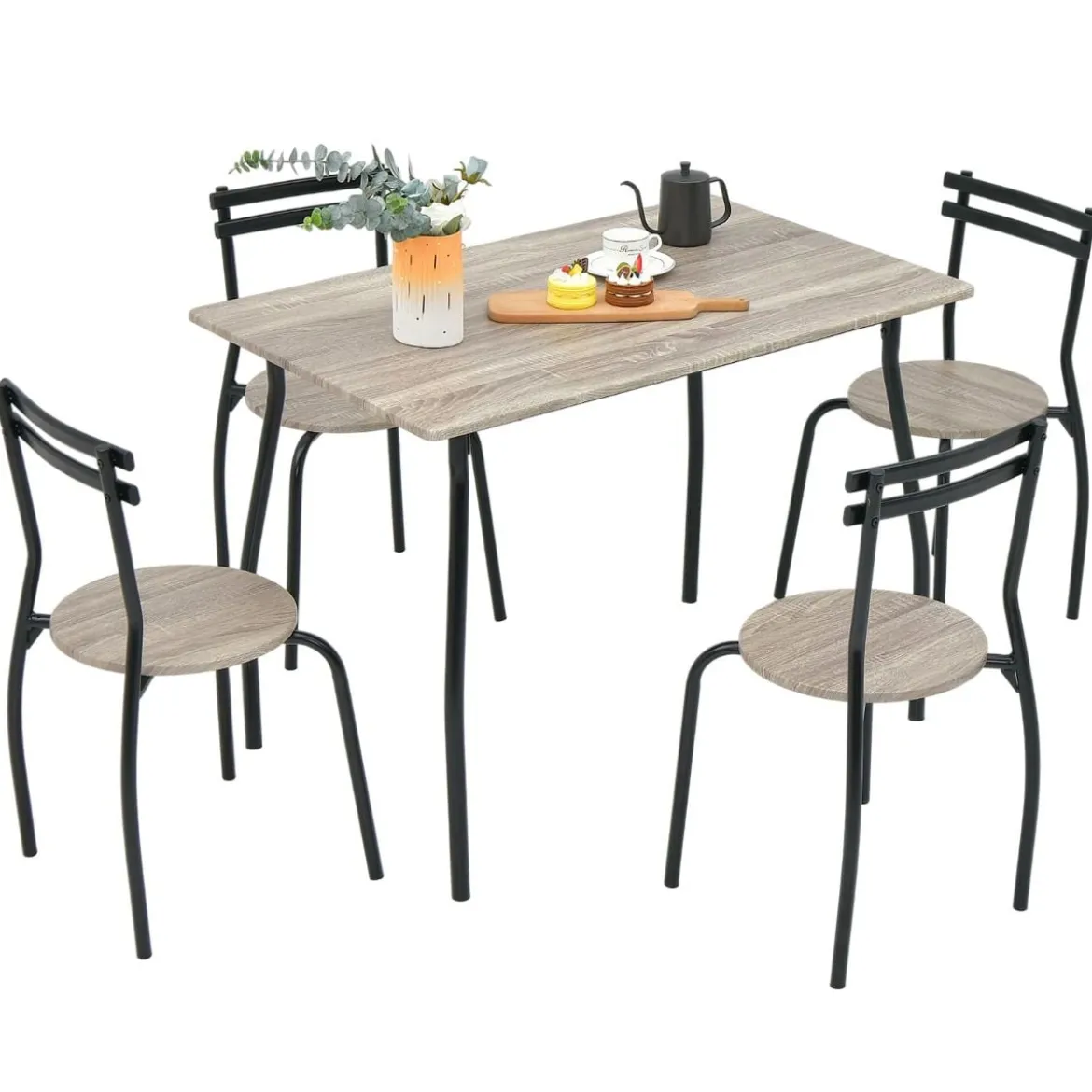 5 teiliges Esstisch-Set für 4 Personen rechteckiger Esszimmertisch und 4 Stühle Metallgestell Sitzgruppe platzsparend