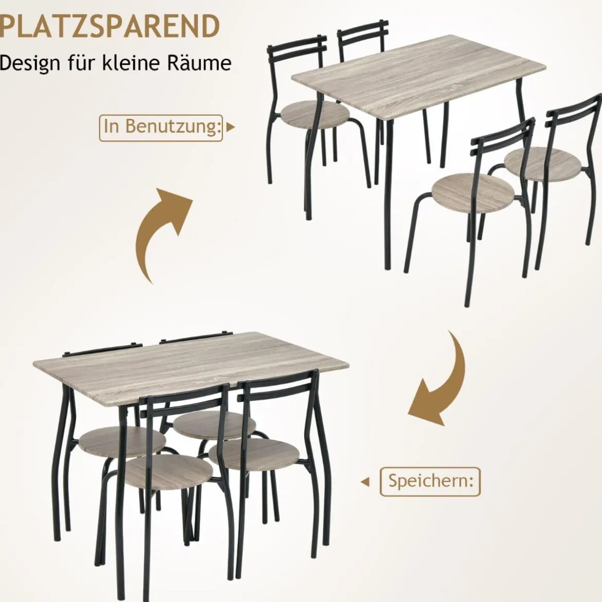 5 teiliges Esstisch-Set für 4 Personen rechteckiger Esszimmertisch und 4 Stühle Metallgestell Sitzgruppe platzsparend