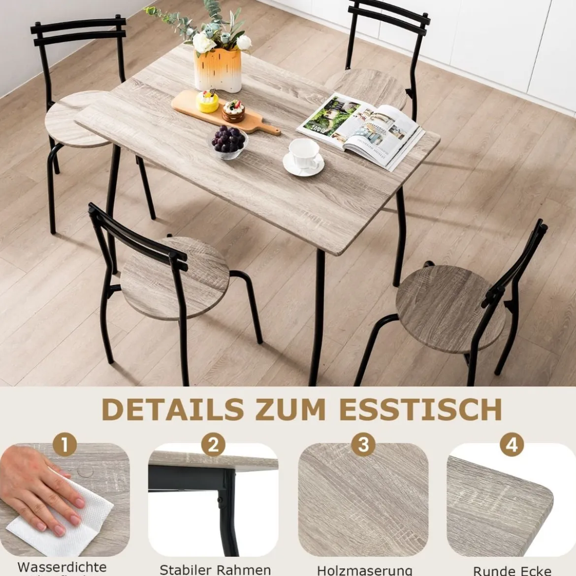 5 teiliges Esstisch-Set für 4 Personen rechteckiger Esszimmertisch und 4 Stühle Metallgestell Sitzgruppe platzsparend