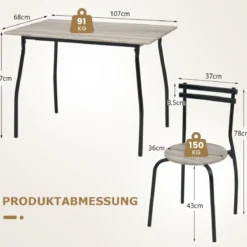 5 teiliges Esstisch-Set für 4 Personen rechteckiger Esszimmertisch und 4 Stühle Metallgestell Sitzgruppe platzsparend