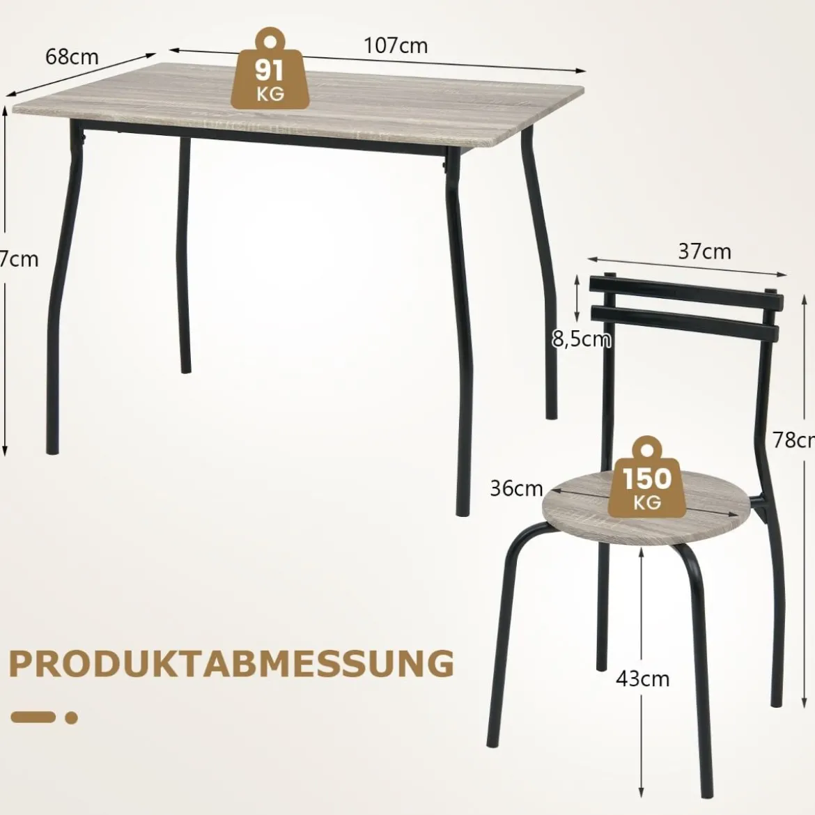 5 teiliges Esstisch-Set für 4 Personen rechteckiger Esszimmertisch und 4 Stühle Metallgestell Sitzgruppe platzsparend