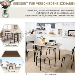 5 teiliges Esstisch-Set für 4 Personen rechteckiger Esszimmertisch und 4 Stühle Metallgestell Sitzgruppe platzsparend