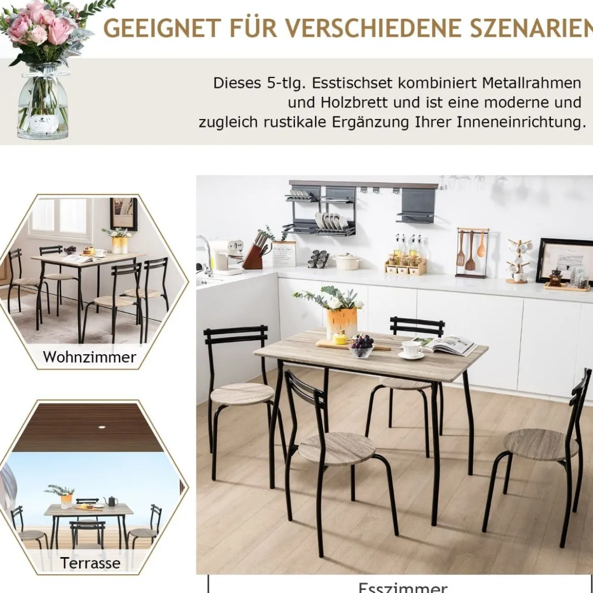 5 teiliges Esstisch-Set für 4 Personen rechteckiger Esszimmertisch und 4 Stühle Metallgestell Sitzgruppe platzsparend