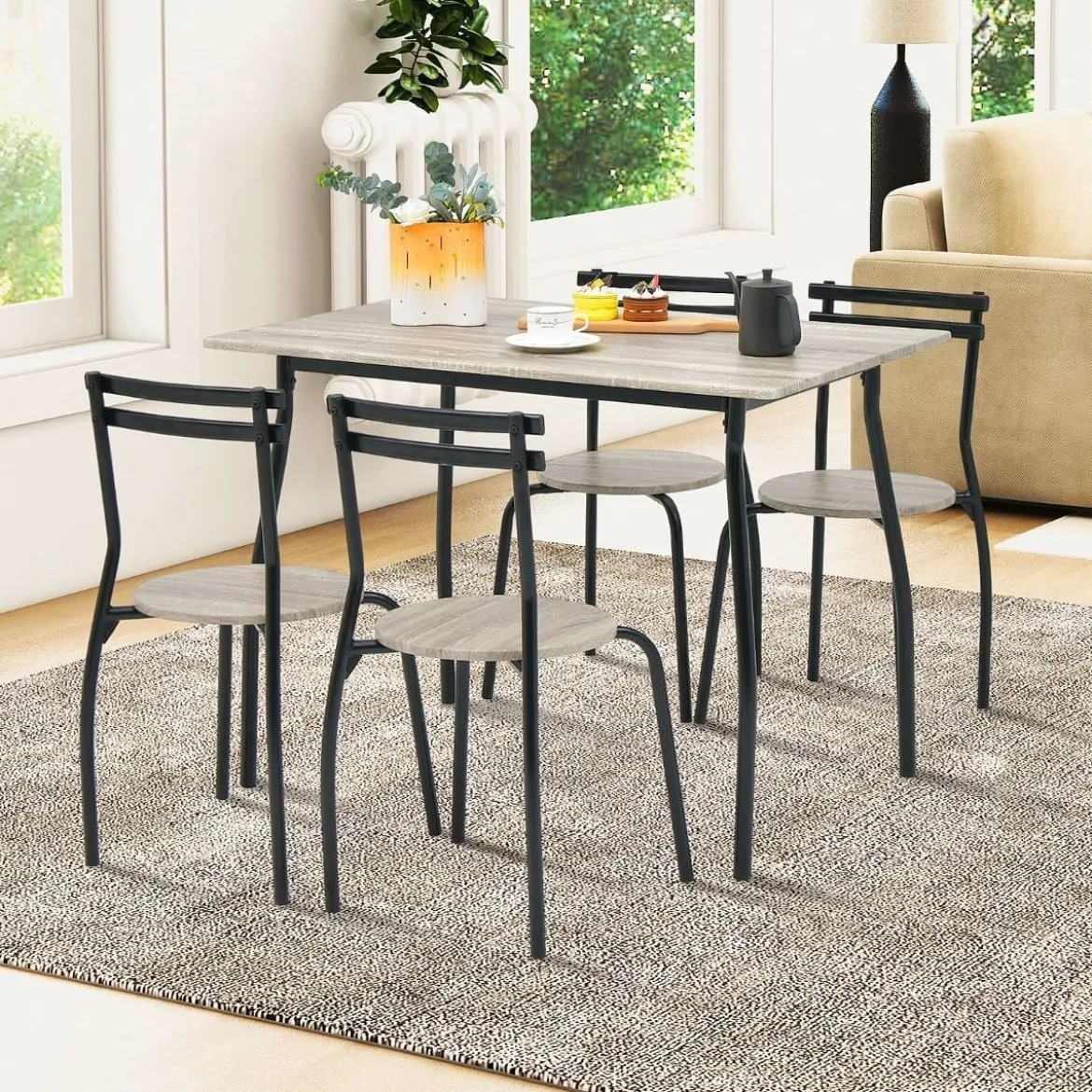 5 teiliges Esstisch-Set für 4 Personen rechteckiger Esszimmertisch und 4 Stühle Metallgestell Sitzgruppe platzsparend