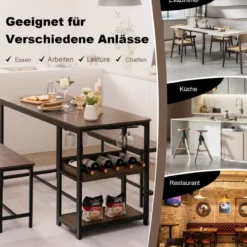 3-teiliges Esstisch Set für 4 Personen mit 2 Bänke & Glashalter & Weinregal Kaffee+Schwarz