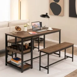 3-teiliges Esstisch Set für 4 Personen mit 2 Bänke & Glashalter & Weinregal Kaffee+Schwarz