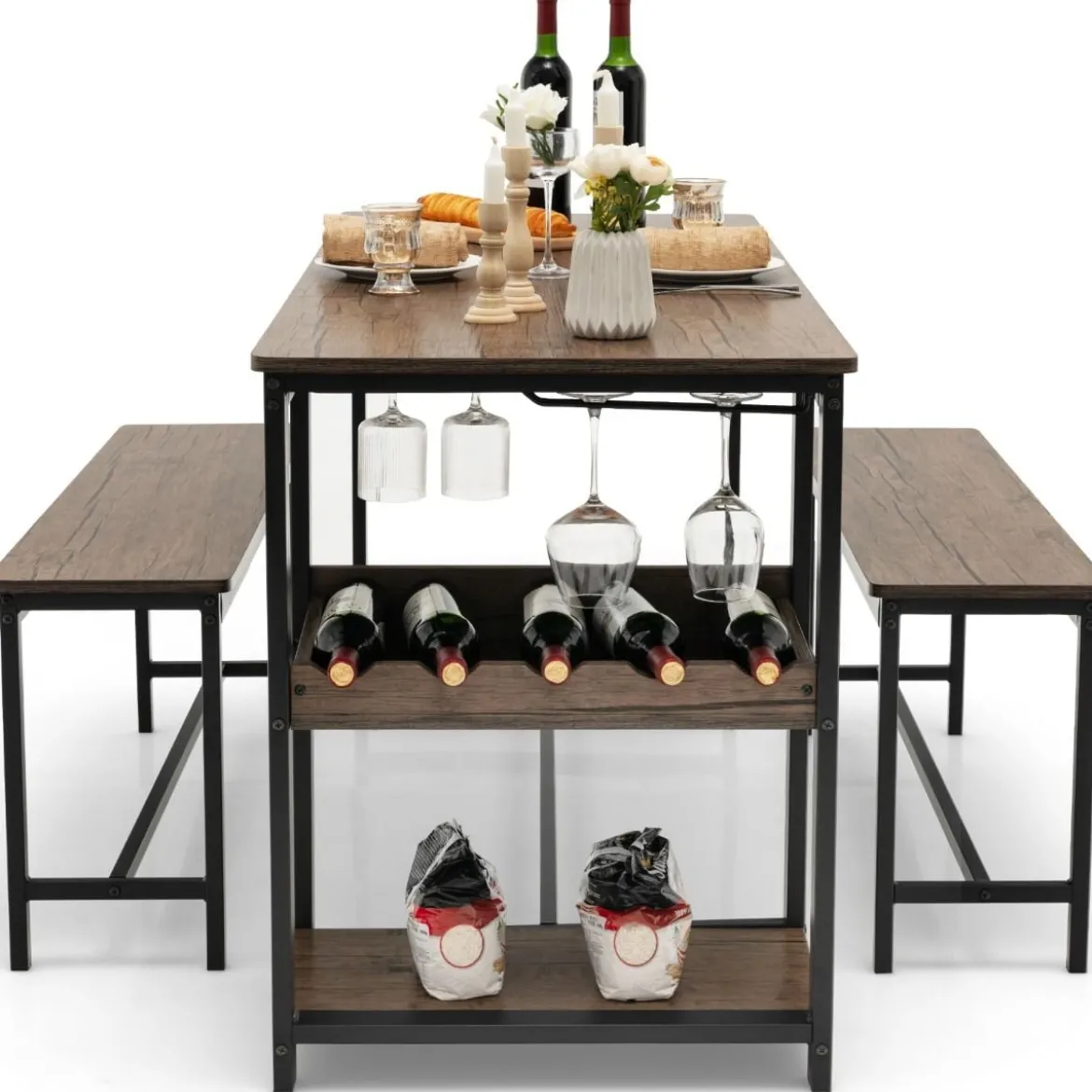 3-teiliges Esstisch Set für 4 Personen mit 2 Bänke & Glashalter & Weinregal Kaffee+Schwarz