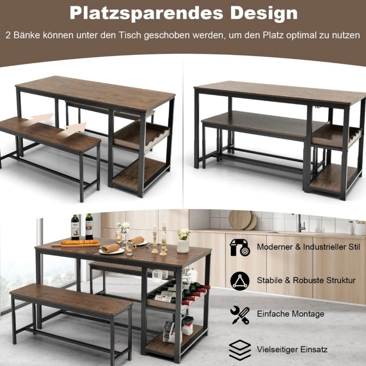 3-teiliges Esstisch Set für 4 Personen mit 2 Bänke & Glashalter & Weinregal Kaffee+Schwarz