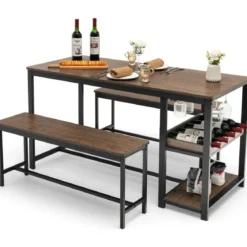 3-teiliges Esstisch Set für 4 Personen mit 2 Bänke & Glashalter & Weinregal Kaffee+Schwarz