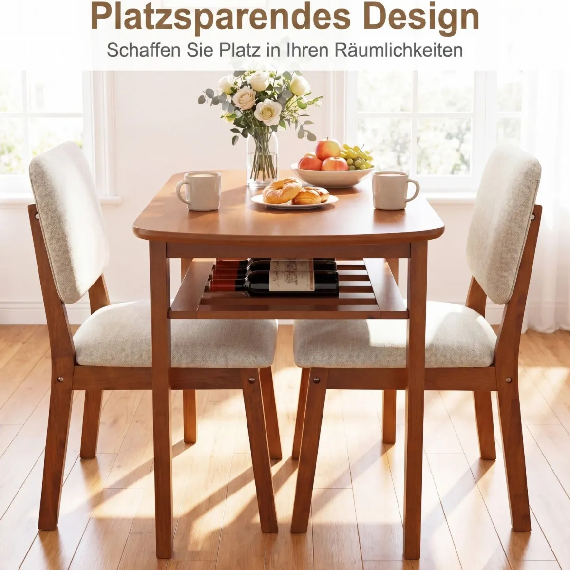3-teiliges Esstisch Set für 2 Personen Essgruppe aus Holz mit Rutschfesten Fußpolstern Beige+Kirsche