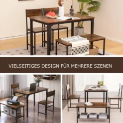 4-teiliges Esstisch Set Küchentisch mit 2 Stühlen & 1 Bank & Regal Industrie Essgruppe