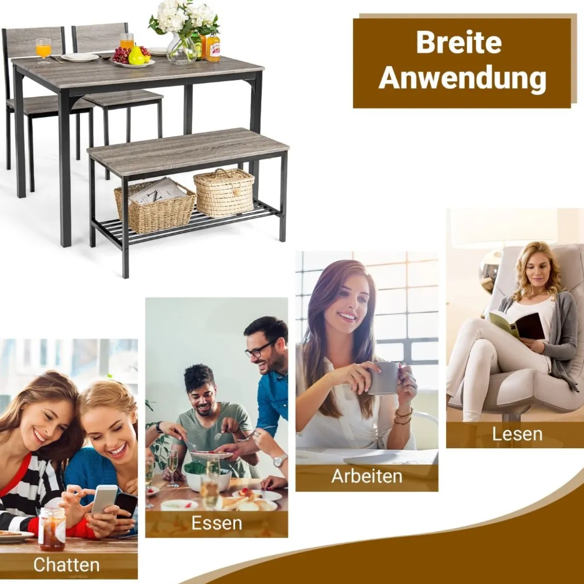 4-teiliges Esstisch Set Küchentisch mit 2 Stühlen & 1 Bank & Regal Industrie Essgruppe Grau