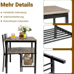 4-teiliges Esstisch Set Küchentisch mit 2 Stühlen & 1 Bank & Regal Industrie Essgruppe Grau