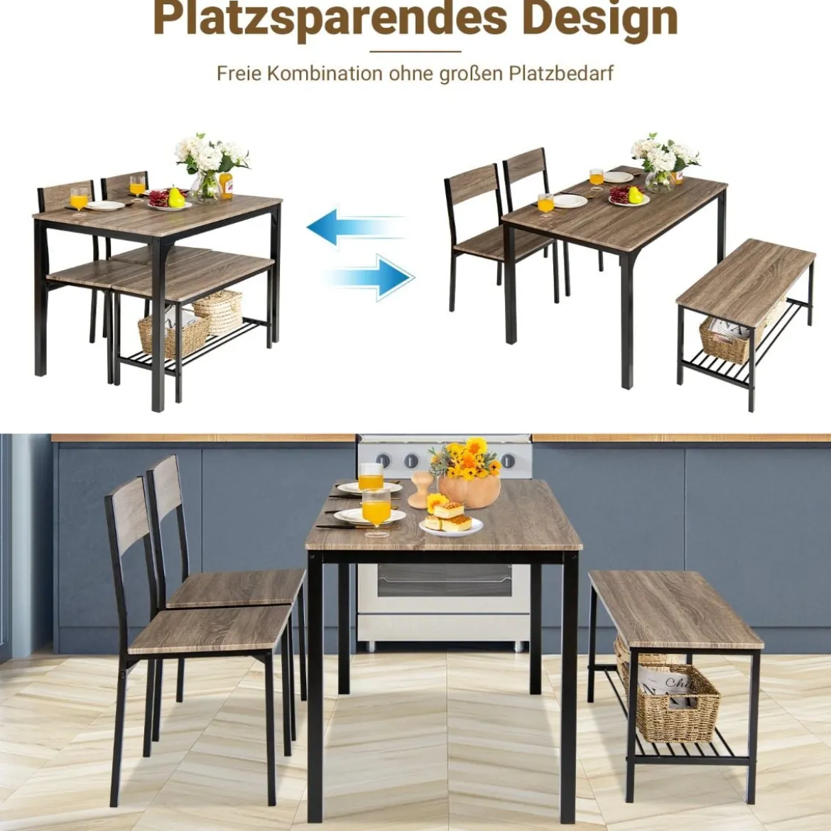 4-teiliges Esstisch Set Küchentisch mit 2 Stühlen & 1 Bank & Regal Industrie Essgruppe Grau