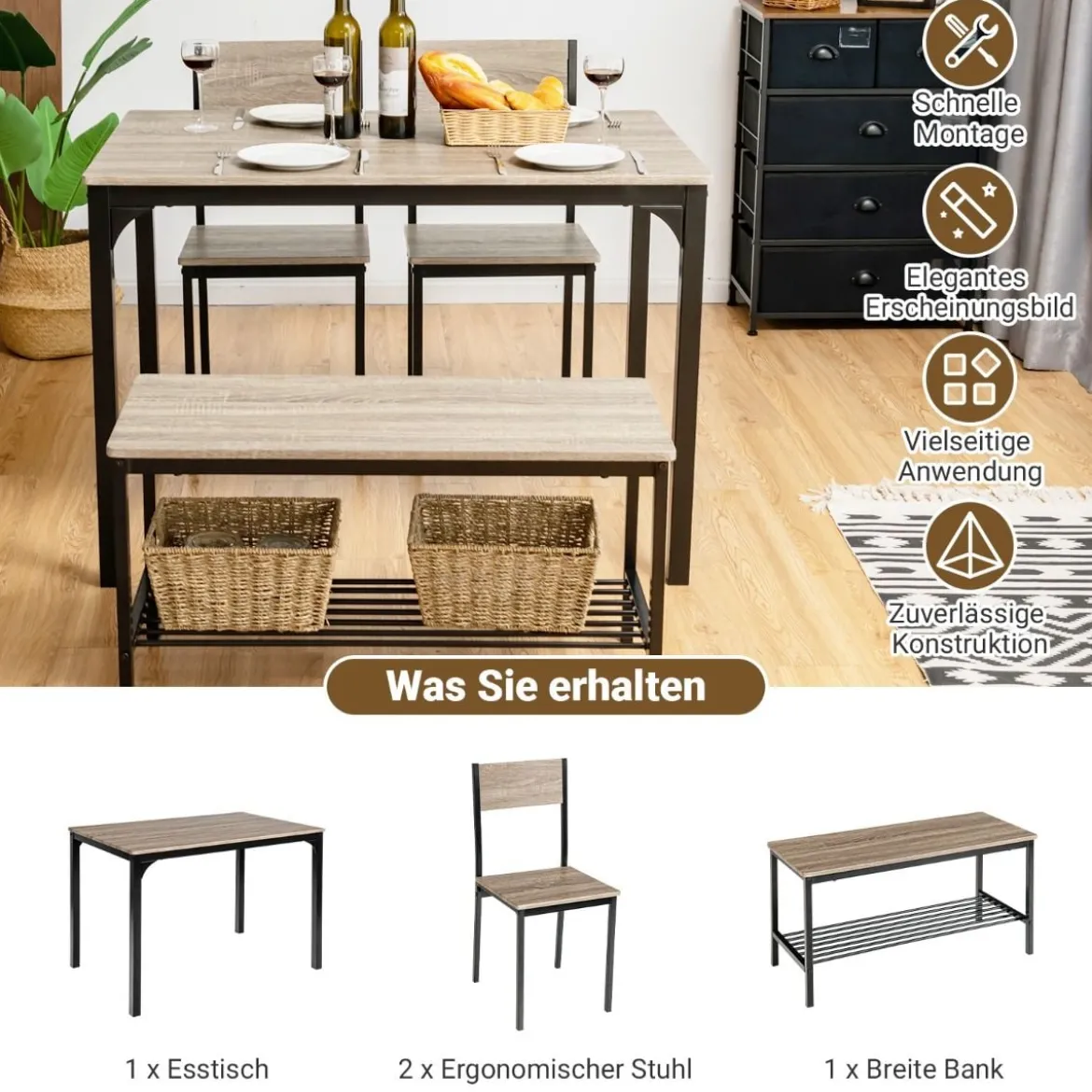 4-teiliges Esstisch Set Küchentisch mit 2 Stühlen & 1 Bank & Regal Industrie Essgruppe Grau