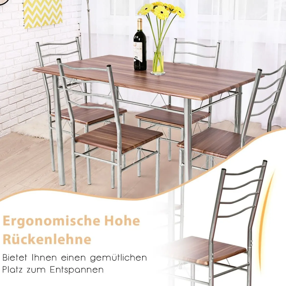 5-teiliges Esstisch-Set Küchentisch mit 4 Stühlen Essgruppe mit hoher Rückenlehne Walnuss