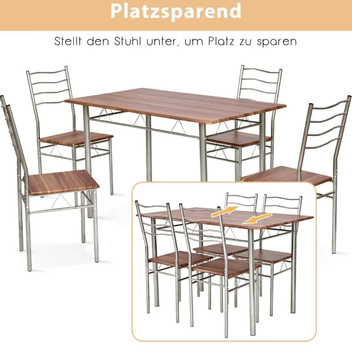 5-teiliges Esstisch-Set Küchentisch mit 4 Stühlen Essgruppe mit hoher Rückenlehne Walnuss