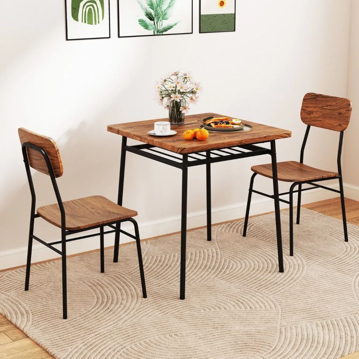 3-teiliges Esstisch-Set mit Ablageregal & 2 Stühlen & Metallrahmen Platzsparender Essbereich