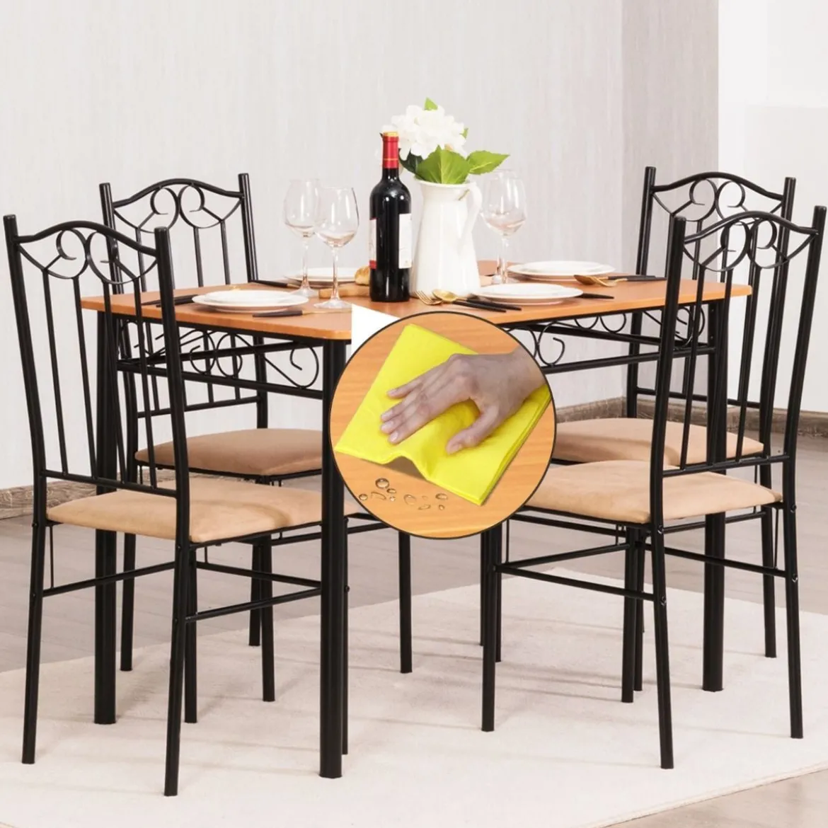 5-teiliges Esstisch-Set mit 4 Gepolsterter Stühlen Essgruppe Sitzgruppe für Esszimmer Küche