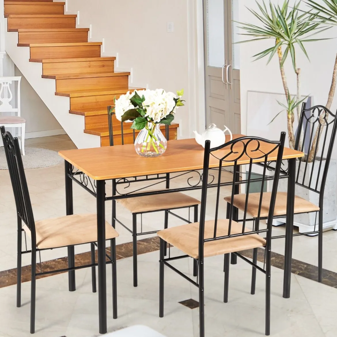 5-teiliges Esstisch-Set mit 4 Gepolsterter Stühlen Essgruppe Sitzgruppe für Esszimmer Küche