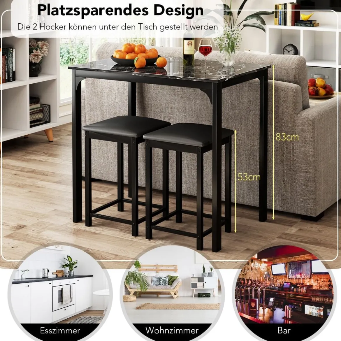3 teiliges Esstisch Set mit 2 Gepolsterten Stühlen & Metallgestell Essgruppe Grau