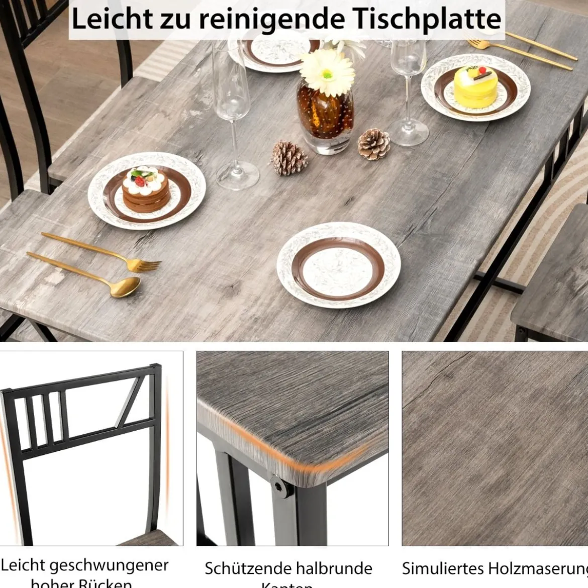 5-teiliges Esstisch-Set mit 4 Stühlen im Industriestil Essgruppe für 4 Personen Grau