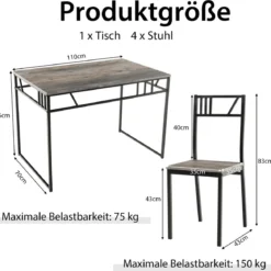 5-teiliges Esstisch-Set mit 4 Stühlen im Industriestil Essgruppe für 4 Personen Grau