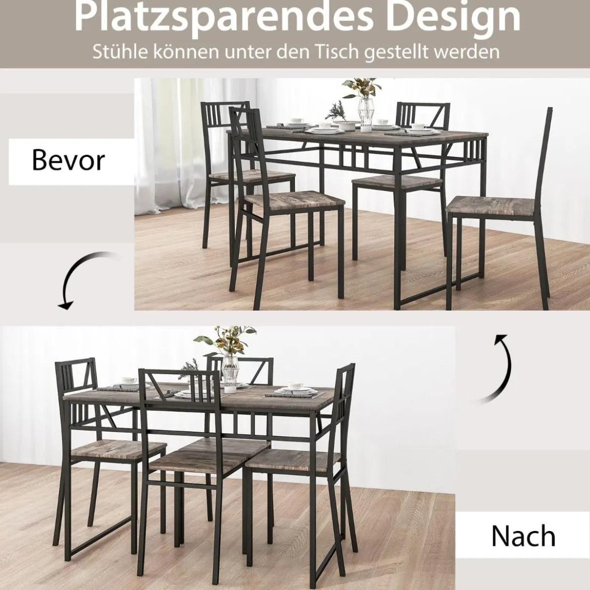 5-teiliges Esstisch-Set mit 4 Stühlen im Industriestil Essgruppe für 4 Personen Grau