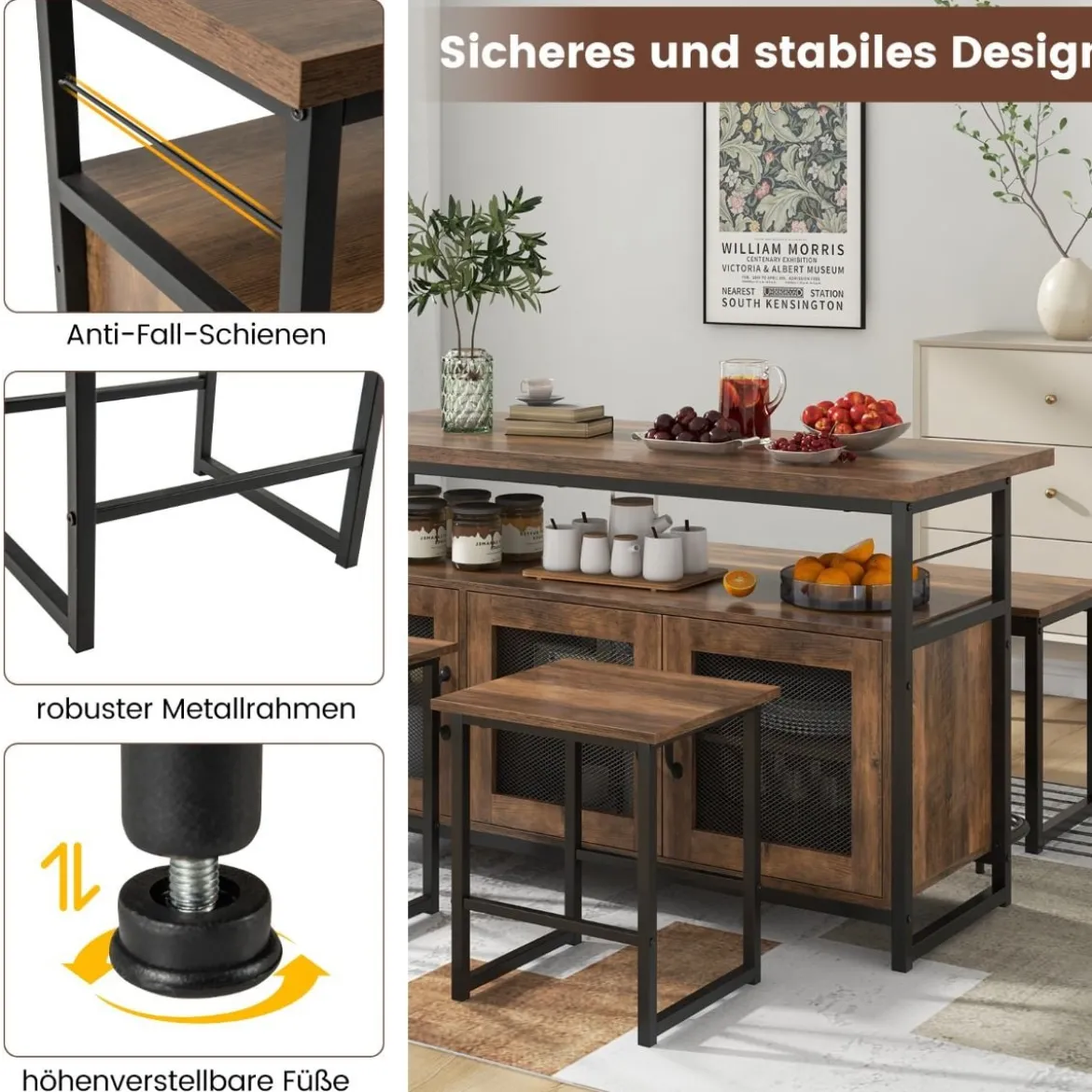 4 teiliges Esstisch Set mit 2 Stühlen & Bank & Stauraum industrielle Essgruppe Küchenschrank