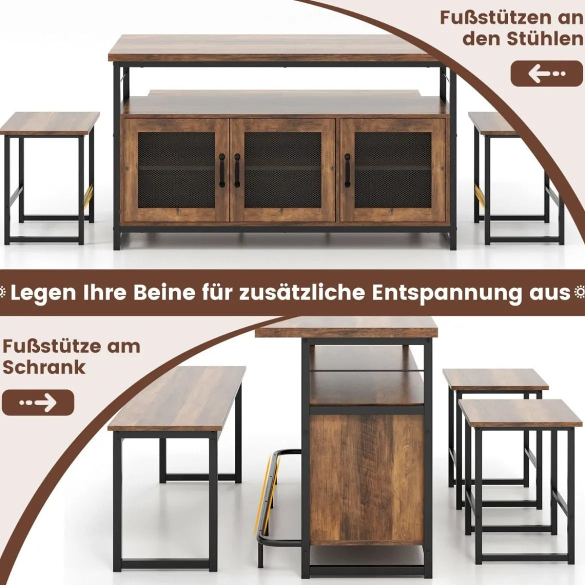 4 teiliges Esstisch Set mit 2 Stühlen & Bank & Stauraum industrielle Essgruppe Küchenschrank