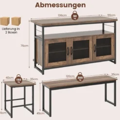 4 teiliges Esstisch Set mit 2 Stühlen & Bank & Stauraum industrielle Essgruppe Küchenschrank