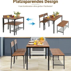 4-teiliges Esstisch und Stuhl Set mit 2 Stühlen & 1 Bank Sitzgarnitur Braun