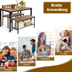 4-teiliges Esstisch und Stuhl Set mit 2 Stühlen & 1 Bank Sitzgarnitur Braun