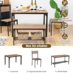 4-teiliges Esstisch und Stuhl Set mit 2 Stühlen & 1 Bank Sitzgarnitur Braun